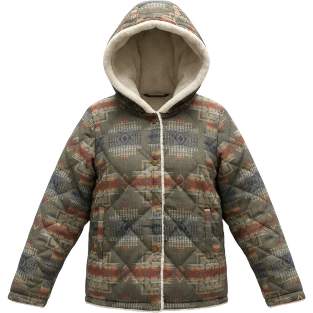 Pendleton Jacket Women L Green Southwestern Reversible Faux Fur Hooded NWOT